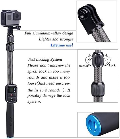 Smatree S2C סיבי פחמן Selfie Stick תואם לגיבור GoPro 11/10/9/8/7/6/5/4/3 פלוס/3/2/1/מצלמת הפעלה