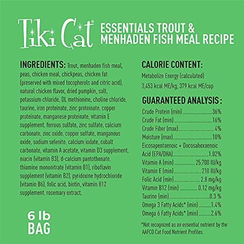 טיקי חתול יסודות חלבון גבוה, מזון יבש מלא ומאוזן לחתולים וחתלתולים, פורל ומנהדן דגים ארוחה מתכון 6 פאונד.