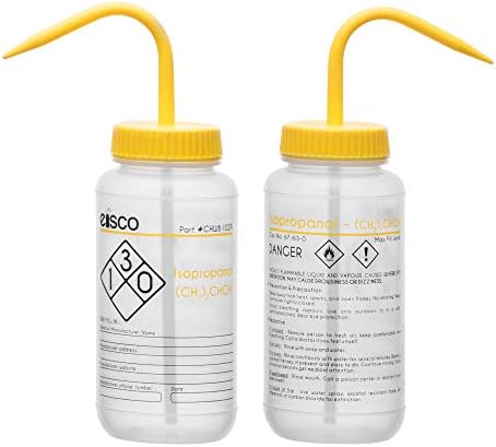 בקבוק שטיפה של איסקו לאיזופרופנול, 500 מל - מסומן במידע כימי ובטיחותי מקודד צבע - פה רחב, אוורור עצמי, מעבדות פוליאתילן