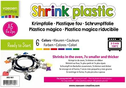 Vaessen Creative Shrink פלסטיק, רב צבעוני, 12 גיליונות, גודל A5, 14,8 x 21 סמ, פרויקטים של אומנויות ומלאכה מהנה לכל