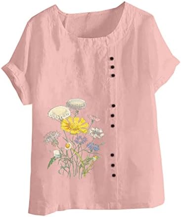 פשתן חולצות לנשים 2023 קיץ טרנדי חולצה חולצת טי פרחי טוניקת טיז קצר שרוול חולצות בתוספת גודל כפתור חולצה