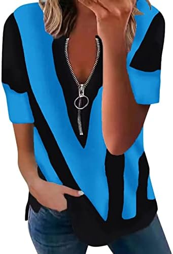 חולצות רוכסן לנשים חולצות צבע בלוק V צוואר שרוול קצר פס מזדמן פס רופף צמרות 2023 חולצות טוניקה חולצות נוחות