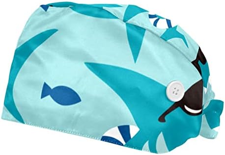 כובע עבודה של כריש רב צבעוני עם כפתור שיער ארוך, כובעי בופנט כותנה רצועת זיעה, 2 חבילות כובעי עניבה מתכווננים