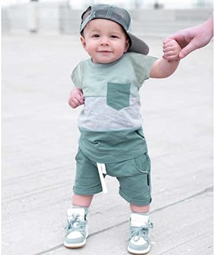 פעוט תינוק תינוק בגדי קיץ בלוק צבע בלוק שרוול קצר חולצת טריקו מכתבי מכנסיים קצרים בצבע אחיד סט 2 יחידות תלבושות חמודות
