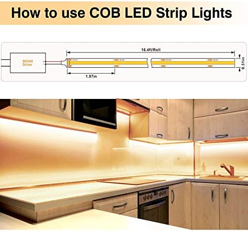 אור רצועת LED COB, DC24V CRI 90 רצועת LED תאורה 480 צ'יפס/מ ', אורות קלטת לומן גבוהים ללא נקודה 16.4ft גמיש