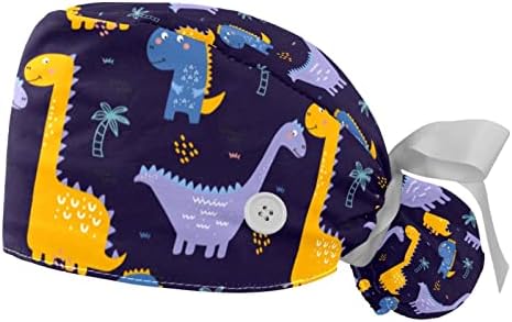 Niaocpwy 2 חבילה כובע עבודה של נשים עם כפתורים סרט קשירה לאחור של דינוזאורים חמודים חלקים דפוס שיער ארוך שיער