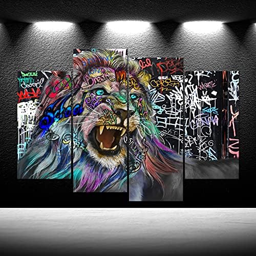 4 פנל גרפיטי האריה בד אמנות תמונות קיר תפאורה מלך האריות מופשט יצירות אמנות שחור ולבן האריה ראש ממוסגר בד הדפסי