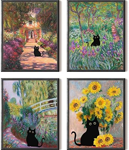 מצחיק שחור חתול קיר אמנות הדפסי, ואן גוך, מאטיס, מונה, אקלקטי אסתטי דקור, ממוסגר, 8 * 10 אינץ