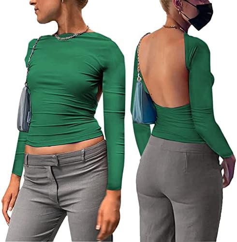 Y2k רזה שרוול ארוך חולצות ללא גב לנשים צוואר קרן 2023 יבול אופנה טי טרנדי עליון יוצא ללבוש רחוב