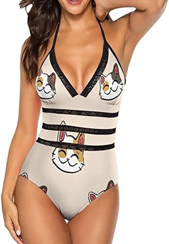 דפוס חתול מזל נשים בגד ים חתיכה אחת בגדי ים אתלטיים ללא משענת בגדי ים טנקיני