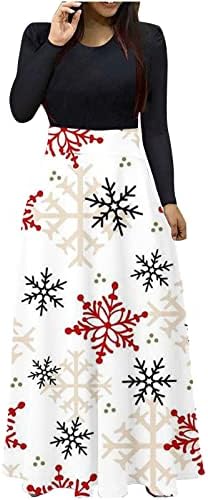 נשים שמלה מודפסת לחג המולד שרוול מלא שמלת מקסי שמלת הדפס חמוד טלאי אימפריה המותניים שמלות מזדמן לחג המולד