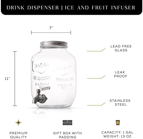 מתקן משקאות ג 'וי-ג' ולט 1 ליטר. מתקן משקאות זכוכית עם ברז בתוספת גליל קרח וחליטת פירות! מתקן מים, דוכן לימונדה, קערת