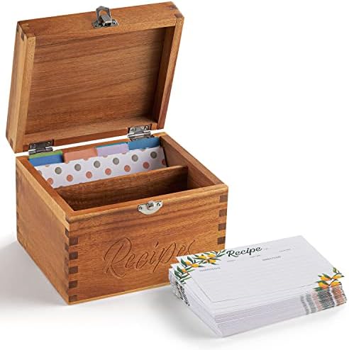קופסת מתכונים של לוטני שיטה עם קלפים - סט עץ קופסא מתכונים ריק מגיע עם 50 כרטיסי מתכון 4 על 6, 8 מחיצות, כרטיסים המיוצרים