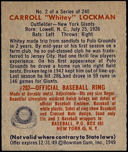 1949 Bowman 2 Whitey Lockman New York Giants VG/Ex Giants