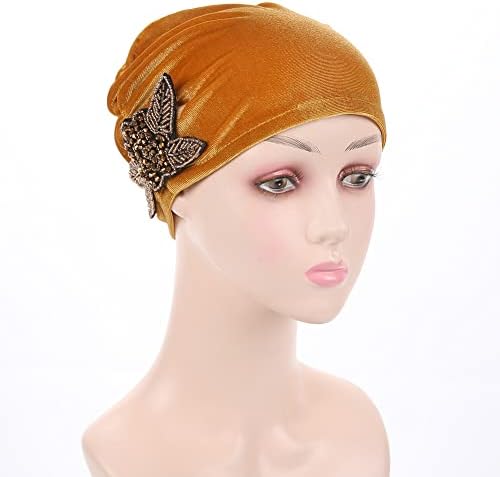 פעולה נשים של למתוח קטיפה טורבן כובע סרטן הכימותרפיה כפת חרוזים פרח שיער לעטוף כובע בארה ' ב
