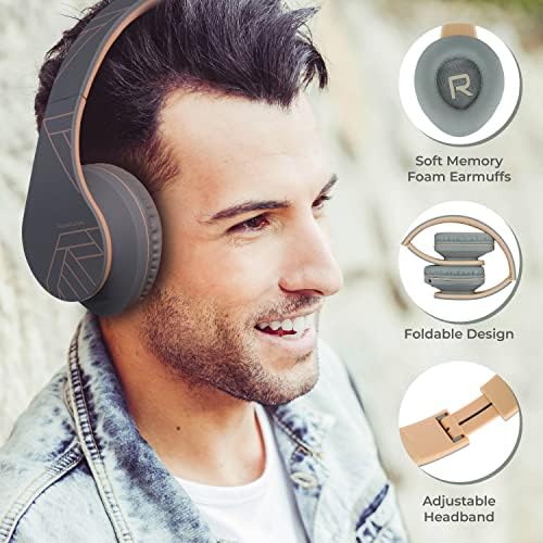 PowerLocus Bluetooth אוזניות מעל אוזניות, אוזניות אלחוטיות עם מיקרופון, אוזניות מתקפלות, אוזניים קצף זיכרון רך ומשקל