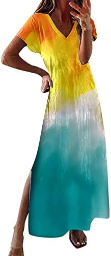 פרוע שמלת נשים נשים מזדמן פשוט v צוואר שרוולים קצרים שמלה ארוכה שמלת שיפוע רב -צבעונית שמלת קיץ נשים
