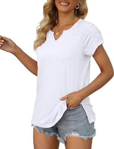 חולצות קיץ לנשים חולצות מזדמן V צוואר קפלים חולצות שרוול קצר