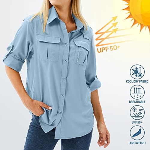 Toumett נשים UPF 50 שרוול ארוך UV הגנה מפני השמש חולצות ספארי חיצוניות חיצוניות מהירות דיג דיג חולצות טיול חולצות