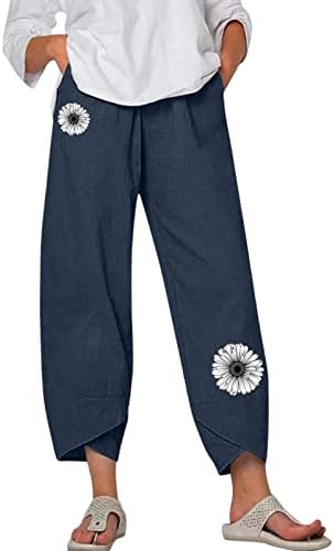 ZDFER כותנה לנשים פשתן פשתן אלסטיות מכנסיים המותניים הדפסים מכנסי טרנינג קצוצים של מטען עם מכנסי קפרי קז'ואיים בכיס