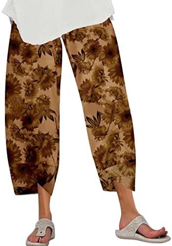 אתקיה קאפרי מכנסיים לנשים רחב רגל גבוהה מותן מתגנדר קצוץ כותנה פשתן מכנסיים עם כיסים כושר חותלות לנשים