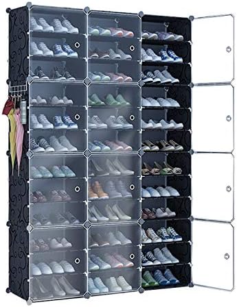 מתלה נעליים של Zeelyde, 3 עמודים 12 שכבה פלסטיק עם אחסון עם דלת 72 זוגות נעליים מעונות סלון שחור 126x32x187 סמ שמח
