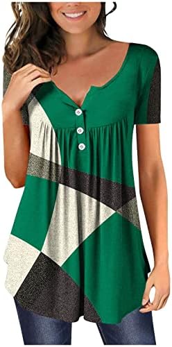 טיקוי קיץ טוניקת חולצות לנשים טרנדי צבע בלוק חולצה עם צווארון קצר שרוול כפתור חולצות 2023 מקרית חולצות