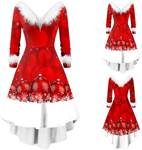 שמלת שמלת חג המולד של נשים שמלות סתיו לנשים שרוול ארוך V צווארון חג המולד שמלת מסיבות א -סימטרית אלגנטית