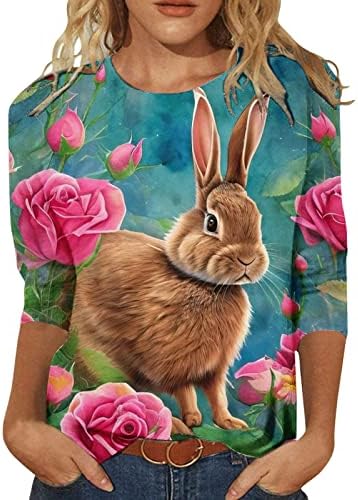 חולצת ארנב פסחא לנשים 3/4 חולצות שרוול לנשים הדפסים חמודים צוואר עגול צוואר רופף סוודר נוח רך