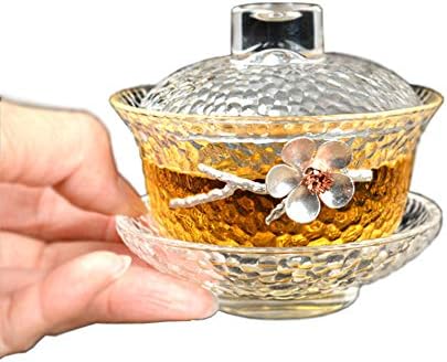 ווונסון זכוכית סינית Gaiwan עיצוב שזיף מסורתי כוס תה Kongfu 150 מל, כוס סט תה קלאסי עם מכסה וצלוחית