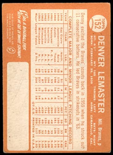 1964 Topps 152 Denver Lemaster Milwaukee Braves Braves Good