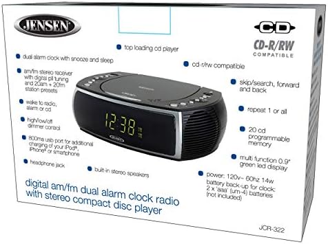 Jensen Modern Home CD שולחן סטריאו שעון דיגיטלי AM/FM נגן תקליטור CD שעון מעורר כפול סטריאו CD נגן דיסק טעינה
