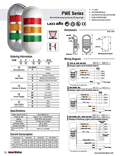 PWE-302-RYG, אור LED LED קיר אור, אדום/צהוב/ירוק צבע 3 ערימה, יציב, 24V AC/DC, IP65