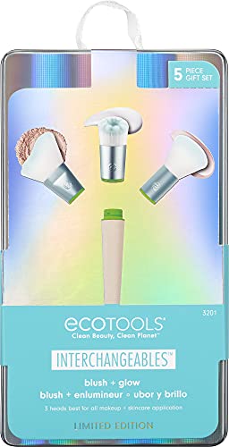 EcoTools Ecotools מוגבלים סומק וזוהר איפור מברשת ומברשת טיפוח לעור, מברשות איפור ידידותיות לנסיעות, מברשות מתנה של יום האהבה