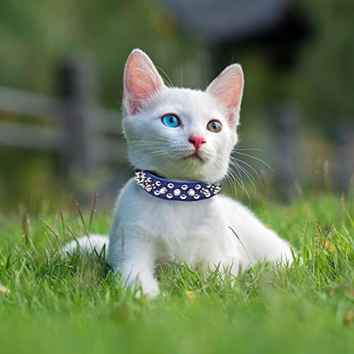 דוגיזסטייל ממוסמר צווארון כלבים משובץ עור כלבים קטנים בינוניים גדולים, חתול עור כחול מתכוונן רך צווארון כלב קטן,