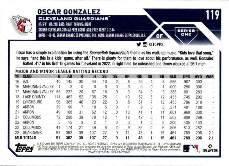 2023 Topps 119 Oscar Gonzalez NM-MT RC RC טירון Cleveland Guardians כרטיס מסחר בייסבול MLB