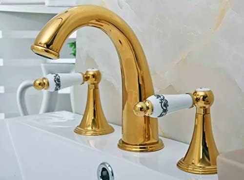 סיפון רכוב 3 חורים מערבל אמבטיה ברז על צבע זהב פליז מלוטש נפוץ 2 ידיות ברז אגן אמבטיה