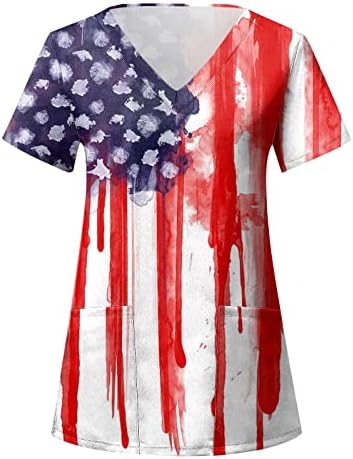 דגל אמריקאי חולצות לנשים 4 ביולי קיץ חולצות טי עם צווארון שרוול קצר עם 2 כיסים חולצות בגדי עבודה מזדמנים לחג