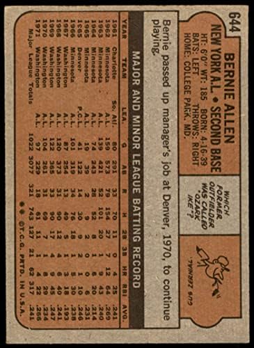 1972 Topps 644 Bernie Allen New York Yankees Ex Yankees