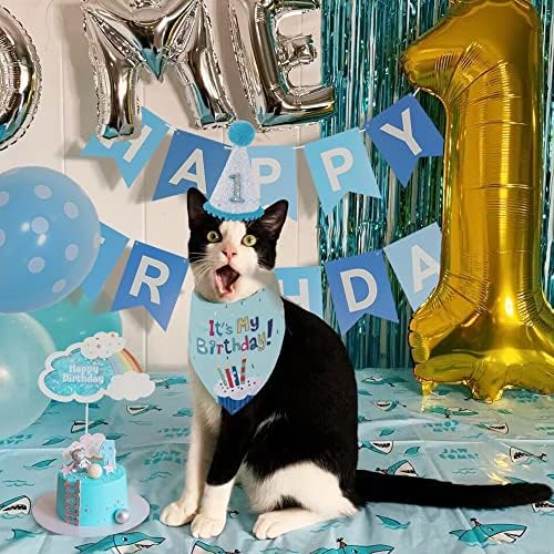 ציוד למסיבות יום הולדת לחתול, כובע יום הולדת לחתלתול חתול, בנדנה ליום הולדת, עניבת פרפר, טופר עוגת יום הולדת לחתול,