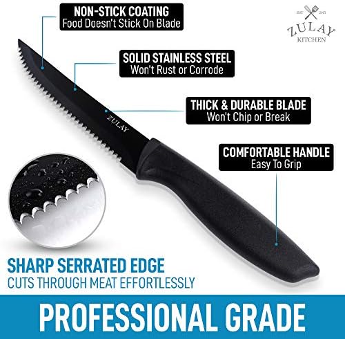 זולאי שחור סטייק סכיני סט של 8-נירוסטה סטייק סכין סט עם ציפוי טפלון - אולטרה חד ללא שריטה משונן סטייק סכיני עם