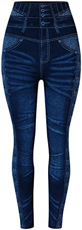 יוגה מכנסיים גבוהה מותן עם כיסים לנשים נשים אלסטי ג 'ינס חותלות תרמית פס הדפסת חיקוי ג' ינס חותלות