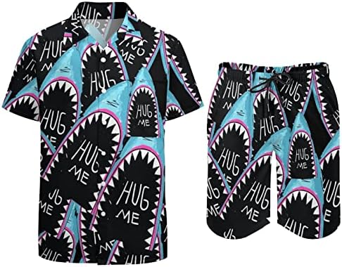 שיני כריש WeedKeycat חיבוקים אותי תלבושות חוף לגברים 2 חלקים כפתור הוואי למטה חולצה קצרה שרוול ומכנסיים קצרים.