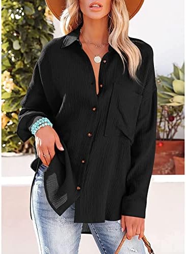 נשים מקרית חולצות מוצק זרוק כתף חולצה ארוך שרוול דשי חולצה כפתור למטה משובץ טוניקות טיז למעלה עם כיס