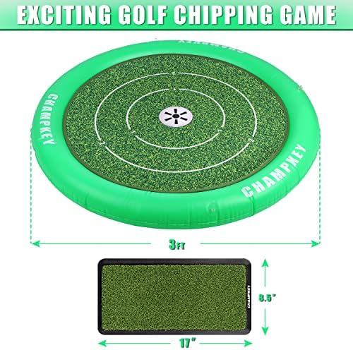 Champkey 3 'x 3' צף גולף צ'יפינג ירוק - משחק גולף צף פרימיום - בוא עם מחצלת מכה בגולף, 16 כדורי וולקרו, משאבת אוויר
