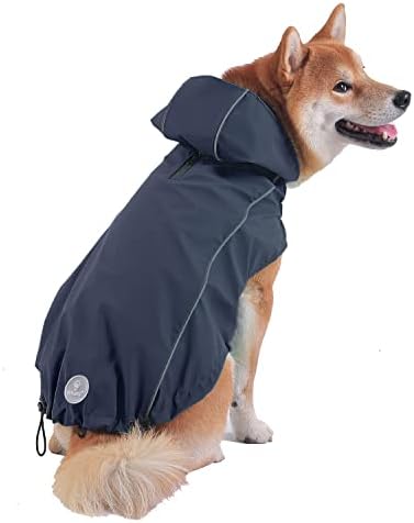 מעיל גשם של כלב עם מכסה המנוע וחור הרצועה, ז'קט גשם כלב עמיד למים עמיד למים עם רצועה רפלקטיבית לכלבים גדולים