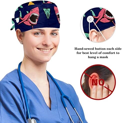 כובעים כירורגי & ארנב אוזן גומיית סט, צבעוני פירות עיצוב מתכוונן לשפשף כובעי עם כפתור לנשים רפואי