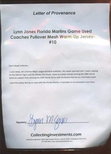 משחק מרלינס פלורידה השתמשו במאמנים סולבר רשת ג'רזי 10 Lynn Jones Loa - משחק MLB משומש גופיות