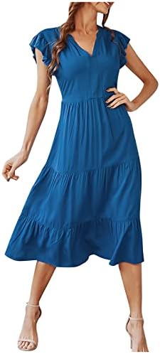 LMDUDAN 2023 שמלות אביב קיץ לנשים שרוול קצר צבע אחיד צבע שמלת MIDI שמלת מסיבה אלגנטית בצבע אחיד שמלת מסיבות