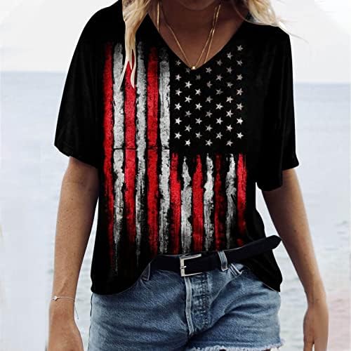 צמרות 4 ביולי לנשים 2023 חולצות פטריוטיות של אופנת קיץ אמריקאית שרוול קצר שרוול נ 'חופשת נופש בצוואר חולצה